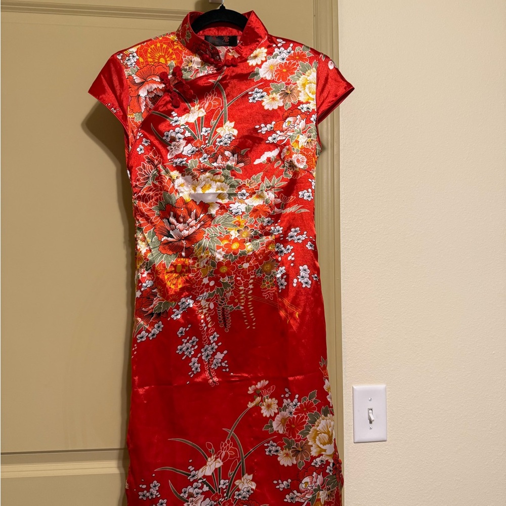 Elegant Silky Red Party Floral Dress